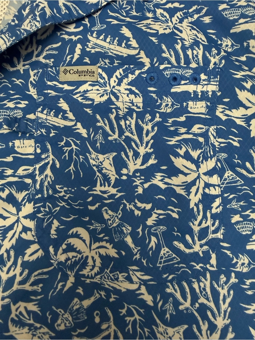 Columbia PFG Fishing Shirt XL Blue Tropical Print Button Up Vented - Picture 7 of 12